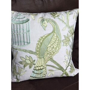 Waverly Light Greens Throw Pillow 15x15” Peacock Bird Cottage Core Bird Cage EUC